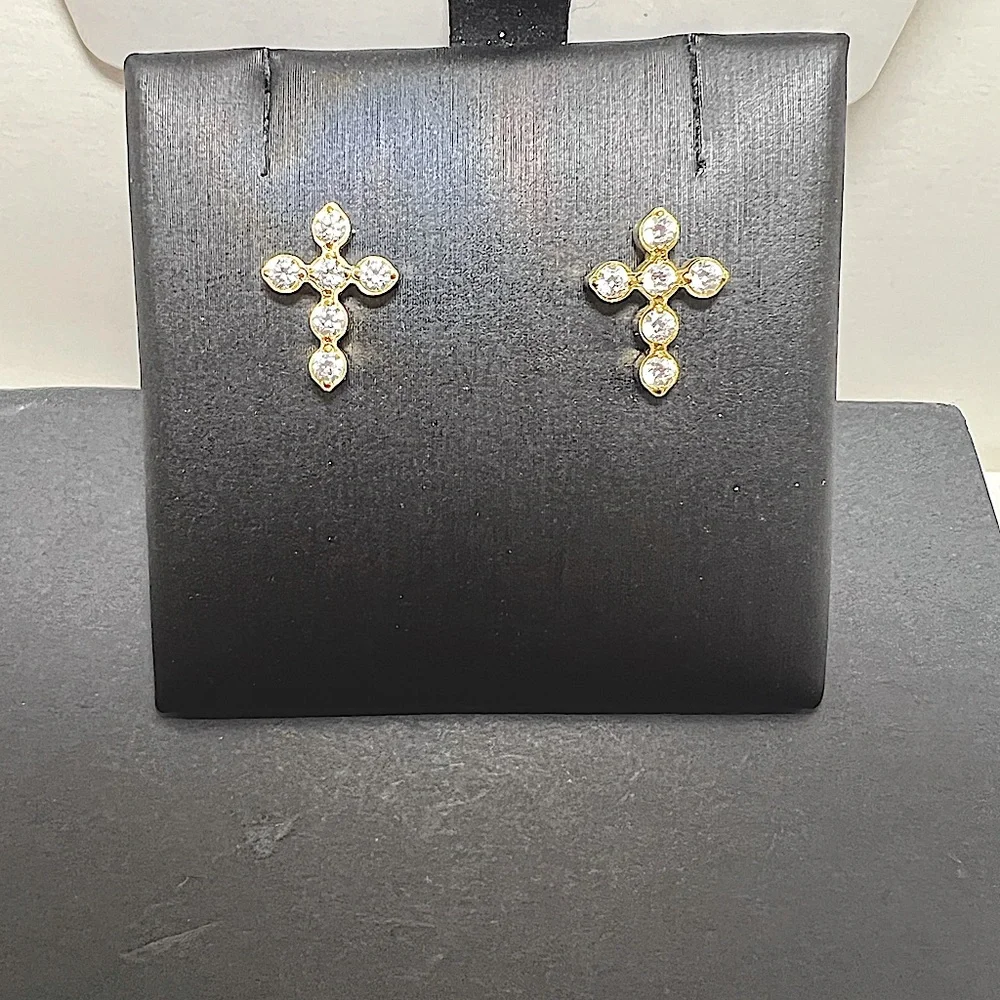 18k Gold Cross CZ Earring Studs - Picture 3 of 4
